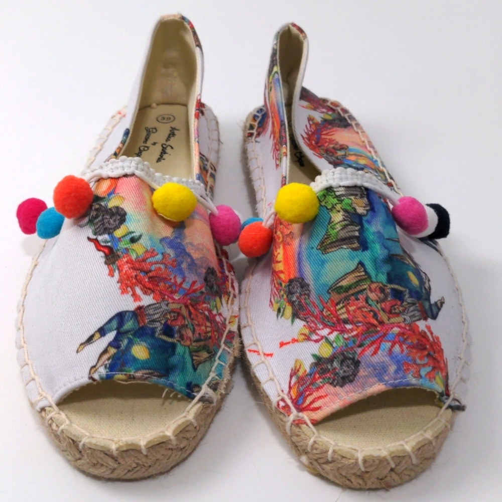 New Antica Sartoria Espadrilles Peep Toe Canvass Pom Poms Size Eur 39 US…